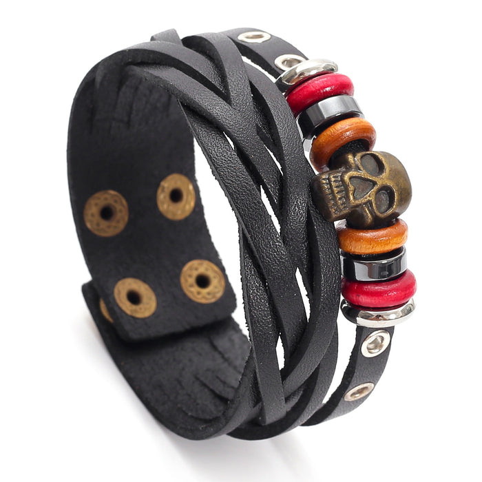Vintage Handmade Braided Cowhide Leather Bracelet Men's Skull Multi Layer Wristband Fashion Jewelry