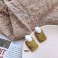 Gold Tone Olive Green Oval And Amber Rectangle Stud Earrings view 4