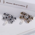 Black Silver Tone Ribbon Bow Crystal Pearl Look Two Designs Metal Brooch Pin view 2