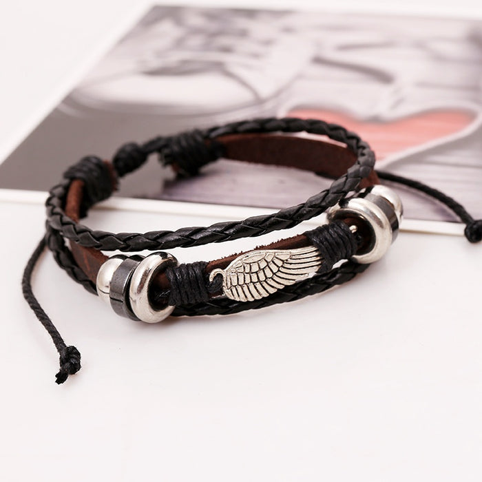 Punk Style Student Cowhide Leather Bracelet With Wing Beads Vintage Genuine Leather Jewelry