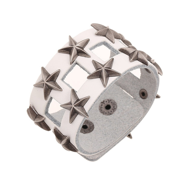 European American Biker Punk Genuine Cowhide Leather Bracelet With Five Pointed Star Accessories