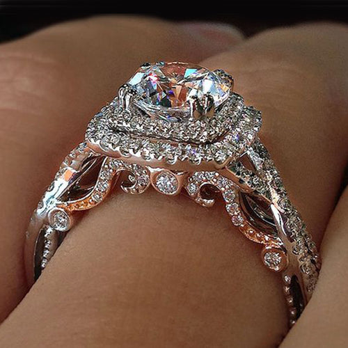 Silver Tone Round Stone Layered Halo Ring with Clear Stone Accents shown in front view