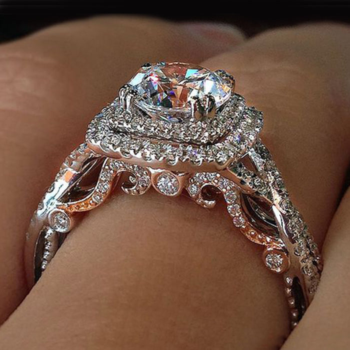 Silver Tone Round Stone Layered Halo Ring with Clear Stone Accents