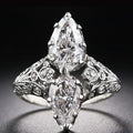 Double Pear Stone Vintage Ring With Ornate Silver Tone Band view 1