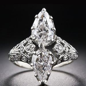 Double Pear Stone Vintage Ring With Ornate Silver Tone Band