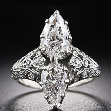 Double Pear Stone Vintage Ring With Ornate Silver Tone Band