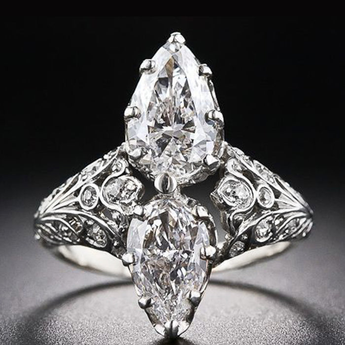 Double Pear Stone Vintage Ring With Ornate Silver Tone Band