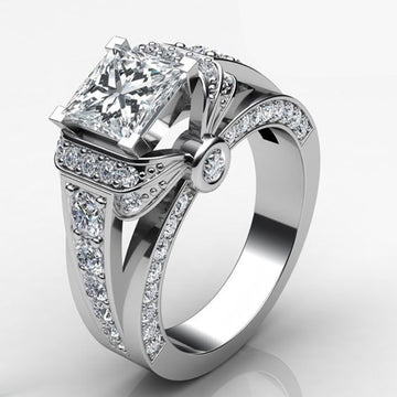 Silver Tone Square Halo Ring with Split Pavé Band Design