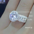 Silver Tone Round Stone Triple Row Halo Ring Polished Metal Jewelry view 5