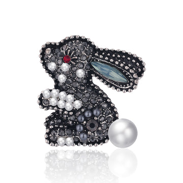 Black Silver Tone Rabbit Crystal Pearl Look Two Designs Metal Brooch Pin
