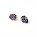Gold Tone Abalone Shell Teardrop Stud Earrings with Textured Bezel view 5