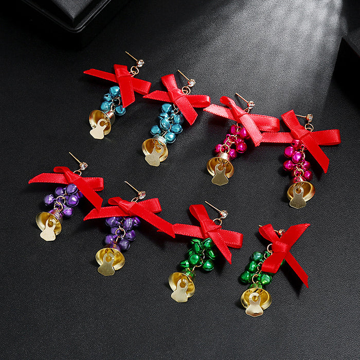 Red Bow Jingle Bell Drop Earrings Magenta Bells Gold Charm