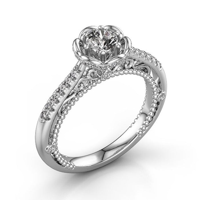 Silver Tone Floral Halo Ring with Round Clear Stone