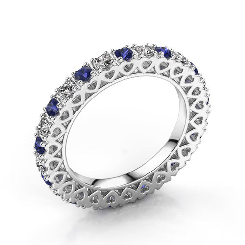 Silver Tone Blue Crystal Alternating Band Ring front view