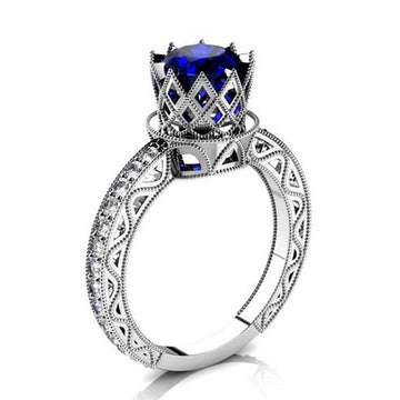 Silver Tone Crown Ring with Deep Blue Square Stone