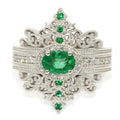 Green Oval Stone Ornate Filigree Statement Ring Silver Tone view 3