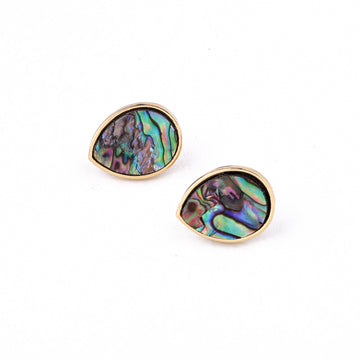 Gold Tone Abalone Shell Teardrop Stud Earrings with Textured Bezel