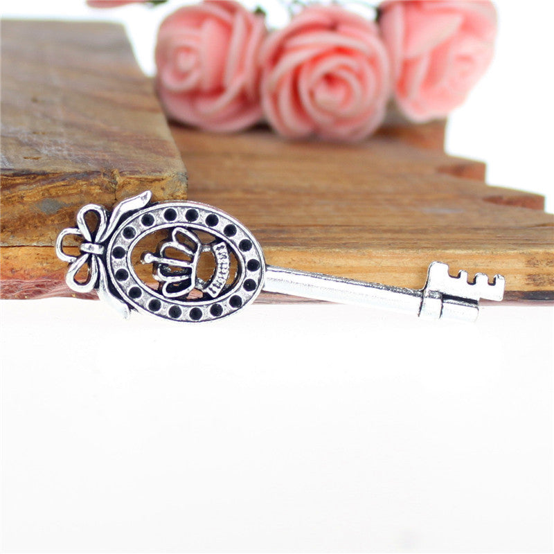 Vintage Alloy Bow Crown Key Charm Pendant 55x16mm