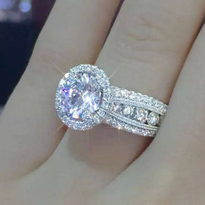 Silver-Tone Round Cubic Zirconia Halo Ring with Triple-Row Band