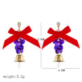 Red Bow Jingle Bell Drop Earrings Magenta Bells Gold Charm view 3