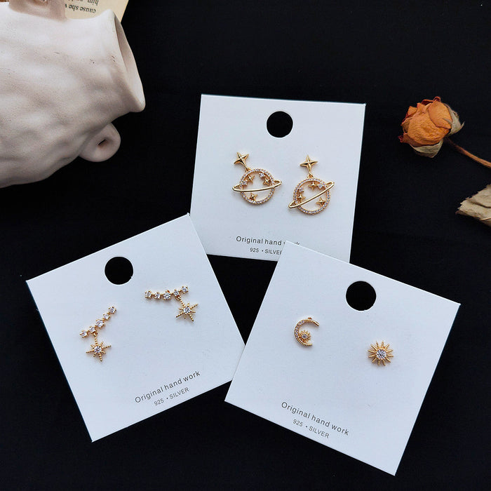 Gold Asymmetric Star Moon Planet Zircon Stud Earrings