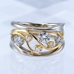 Two-Tone Crossover Wide Ring With Scattered Clear Crystals