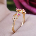 Gold Tone Leaf Vine Ring With Pink Stones Statement Jewelry view 1
