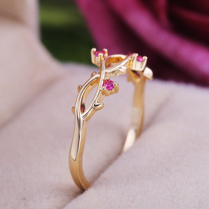 Gold Tone Leaf Vine Ring With Pink Stones Statement Jewelry
