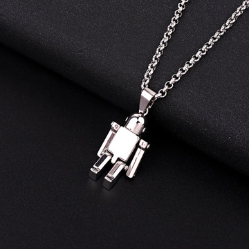 Silver Tone Robot Figural Pendant Necklace with Black Face Panel