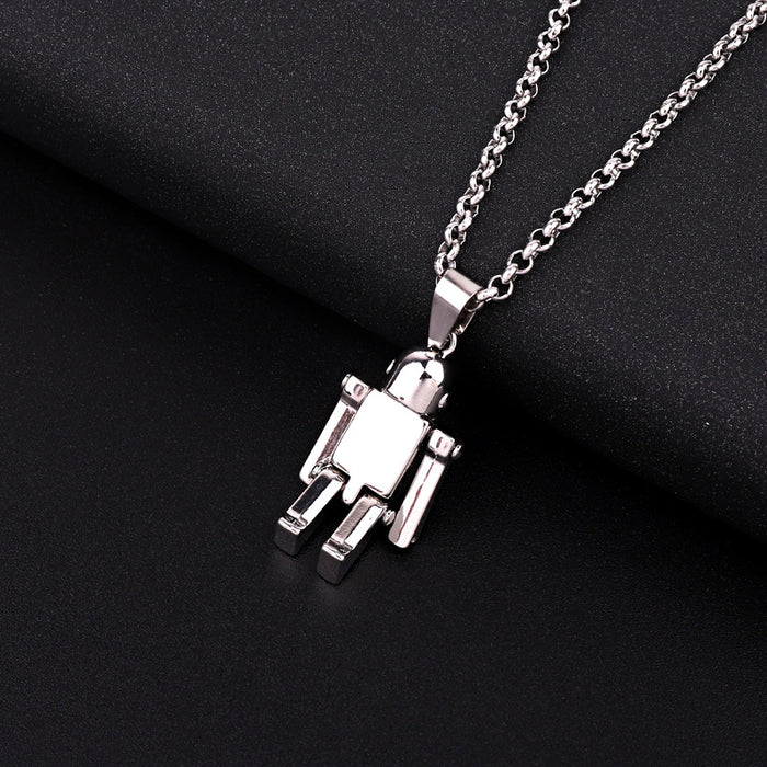 Silver Tone Robot Figural Pendant Necklace with Black Face Panel