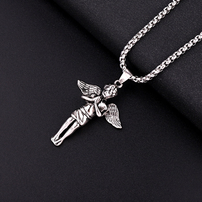 Antique Silver Tone Winged Angel Pendant Necklace with Prayer Detail