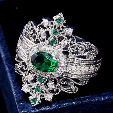 Green Oval Stone Ornate Filigree Statement Ring Silver Tone