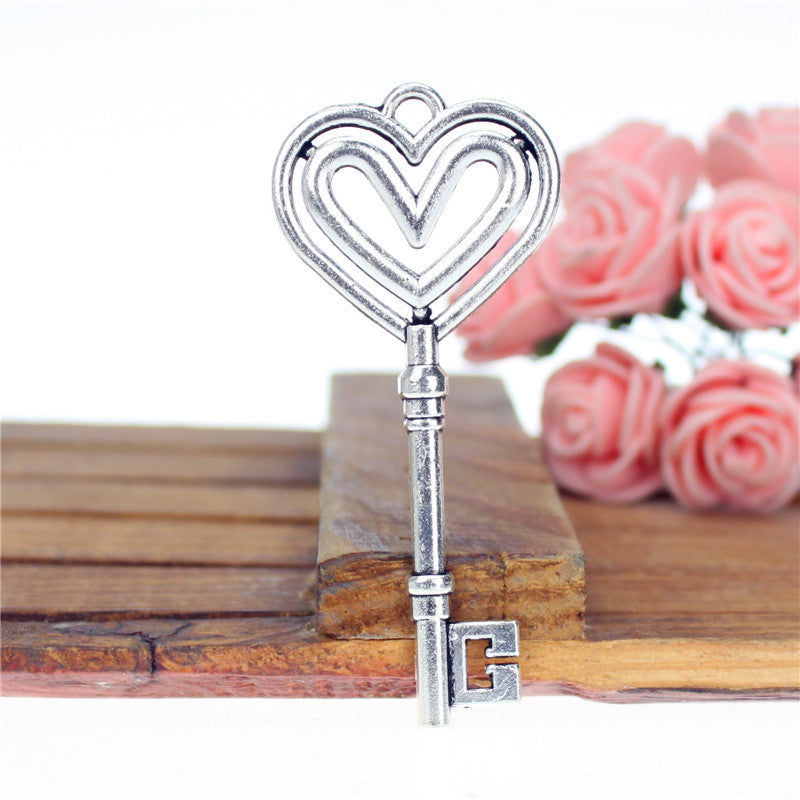 Vintage Alloy Double Heart Key Charm Pendant 69x31mm