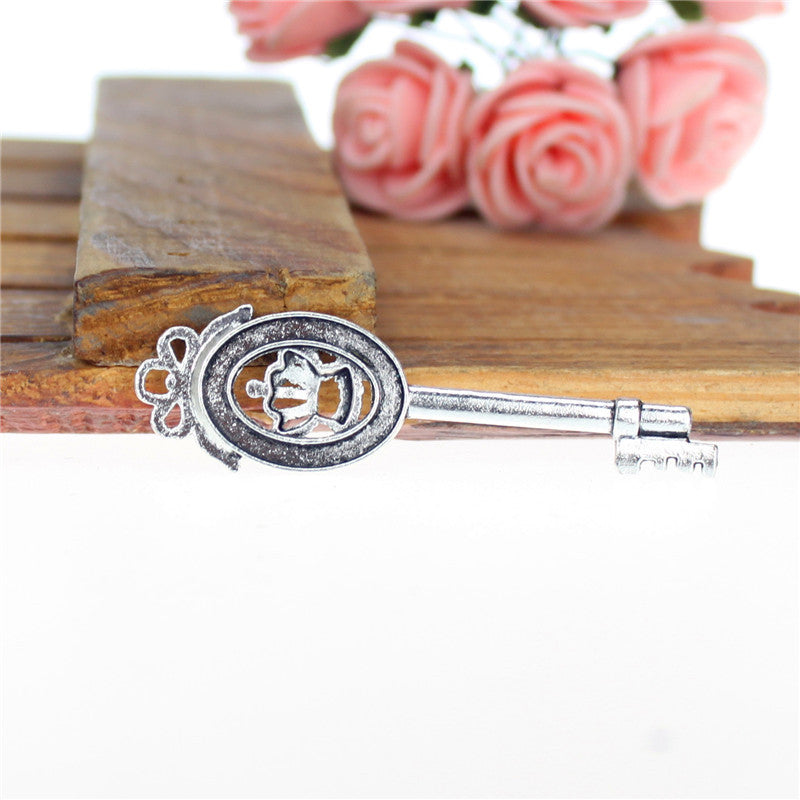 Vintage Alloy Bow Crown Key Charm Pendant 55x16mm