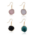 Gold Tone Round Raw Agate Long Hook Earrings in Four Colors view 5