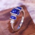 Silver-Tone Blue Rectangular Crystal Ring With Stepped Sides view 3