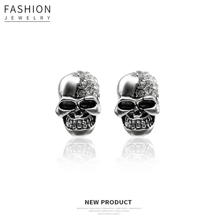 Silver Skull Clear Look Accent Statement Stud Earrings