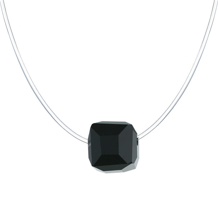 Black Faceted Square Crystal Pendant on an Invisible Cord Necklace