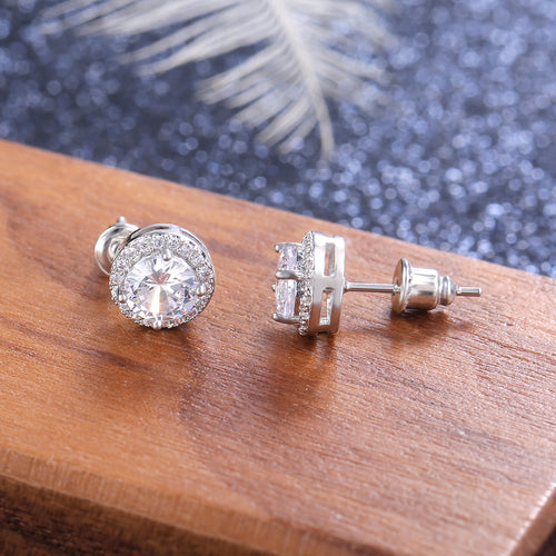 Second product view showing round solitaire halo stud earrings in seven colors