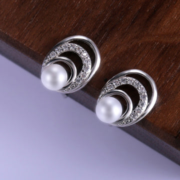 Pearl Spiral Crystal Stud Earrings With Clear Stone Accents