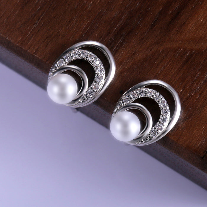 Pearl Spiral Crystal Stud Earrings With Clear Stone Accents