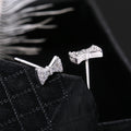 Silver Tone Clear Stone Bow Stud Earrings Polished Metal Jewelry view 3