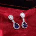 Blue Teardrop Crystal Halo Drop Earrings in Silver Tone view 2