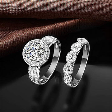 Round Halo Center Stone and Leaf Band Two Piece Ring Set