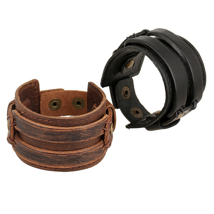 Vintage Punk Cowhide Leather Bracelet, Simple Multi Layer Men's Genuine Leather Fashion Jewelry