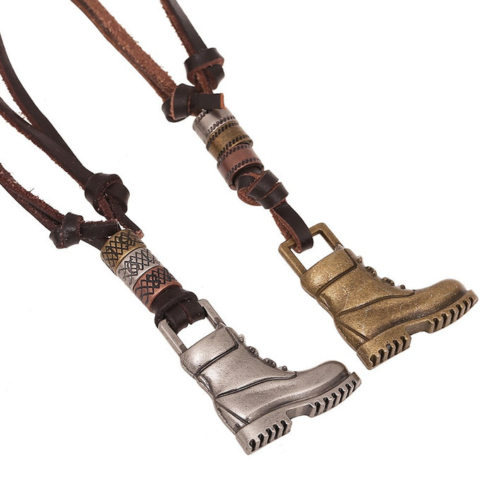 European American Vintage Cowhide Leather Necklace With Two Tone Alloy Shoe Pendant