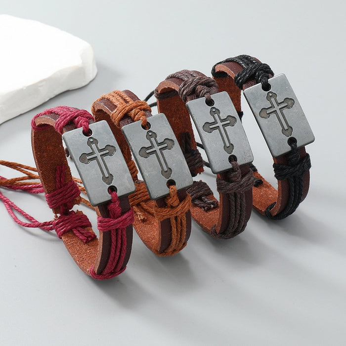 Handmade Braided Vintage Leather Bracelet With Simple Alloy Cross Charm Fashion Wristband