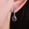 Purple Pear-Shaped Drop Hinged Hoop Earrings In Silver Tone view 4