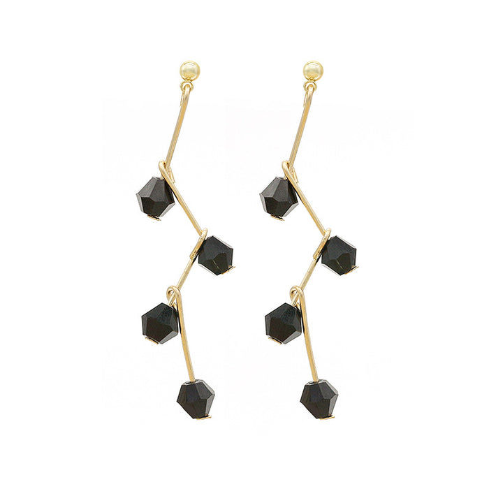 Long Zigzag Gold Bar and Black Faceted Bead Earrings