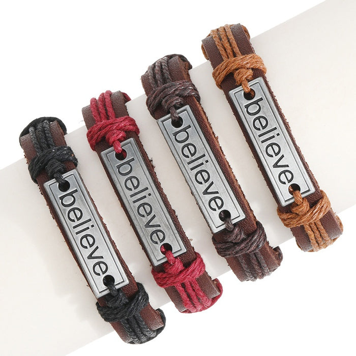 Believe Letter Charm Vintage Braided Cowhide Leather Bracelet Adjustable Cross Border Jewelry